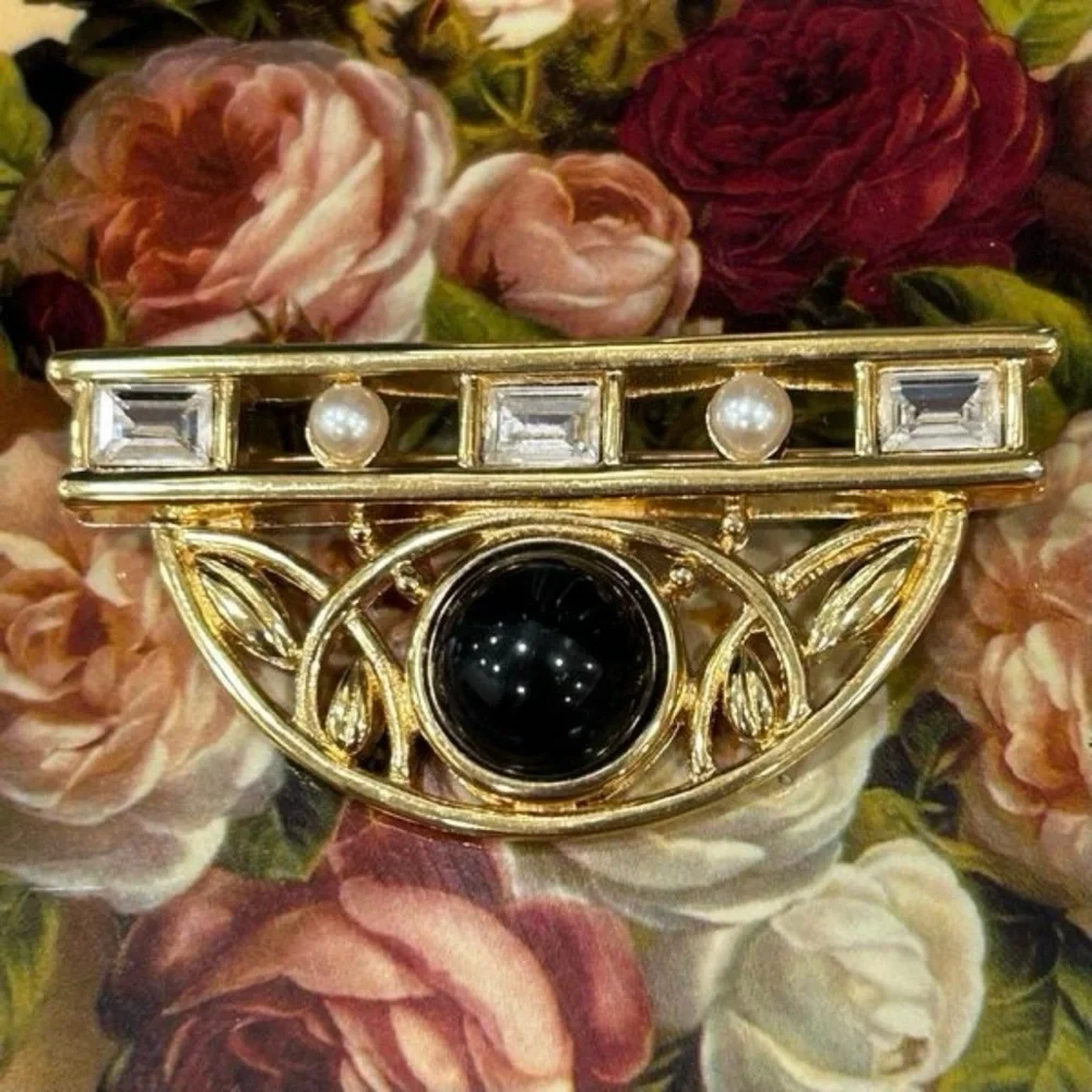Vintage Monet Art Deco-Style Brooch Women's OS Gold-tone Black Lucite Faux Pearl